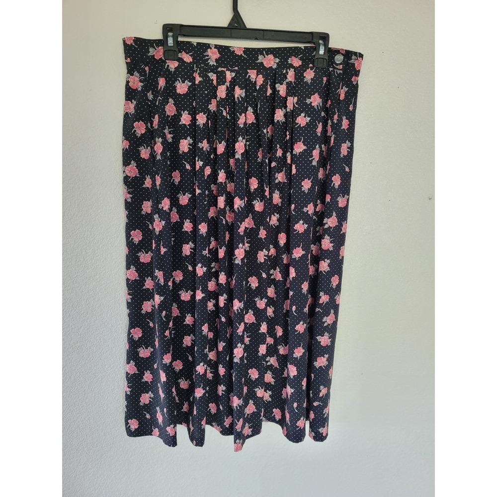 Russ Vintage Black Women's‎ Pink Floral Polka Dot Pleated Midi Skirt Size 14 #1